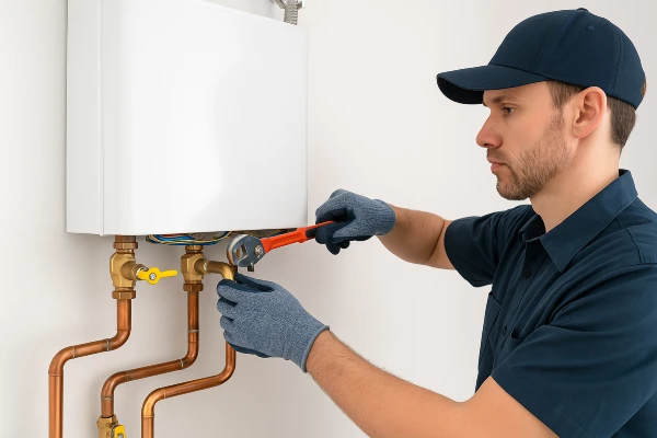 A plumber working on a tankless water heater from Quality Plumber Leander in Leander, TX - 5 most common toilet problems