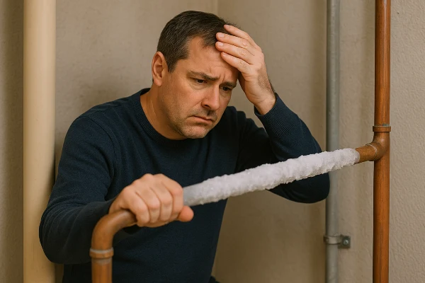 A wooried plumber looking at a frozen pipe from Quality Plumber Leander in Leander, TX - Slab Leak Detection Services