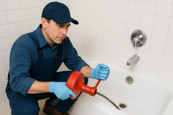 A plumber running a snake to clear a bathtub drain from Quality Plumber Leander in Leander, TX - Slab Leak Detection Services